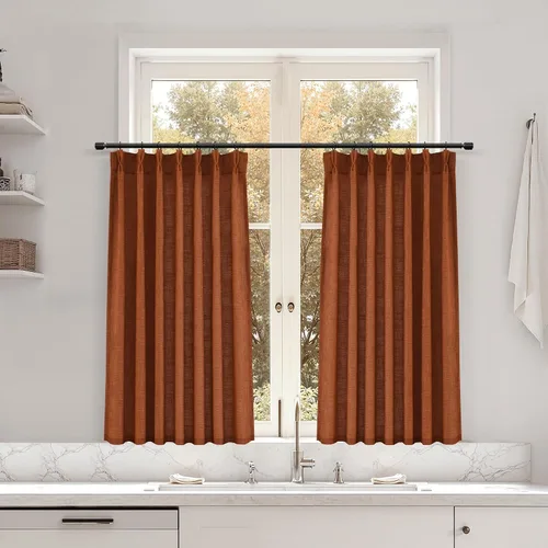 Miniatura 99 de Juego de 2 paneles de cortinas de ventana de cocina beige de 24 pulgadas de largo, con textura de lino, plisadas, filtrantes de luz, semi pequeñas