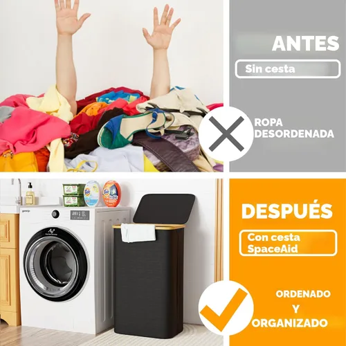 Miniatura 2 de SpaceAid Cesta de lavandería con tapa, 110L de gran capacidad, cesta alta para ropa con asas de bambú, cesta plegable para dormitorio, baño, Negro