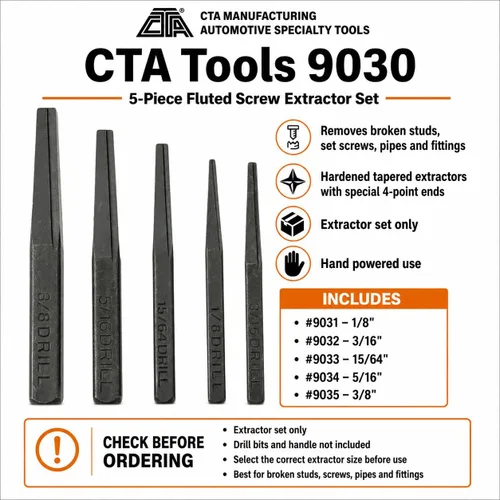 Miniatura 7 de CTA Tools 9030 Juego de extractor de tornillos estriados, kit de herramientas manuales de 5 piezas para pernos rotos, tornillos de fijación
