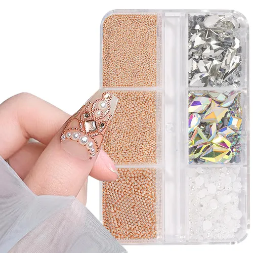 Dijes 3D para arte de uñas, oro rosa, cuentas de micro caviar, diamantes de imitación para uñas acrílicas, tamaño mixto, diamantes de imitación AB