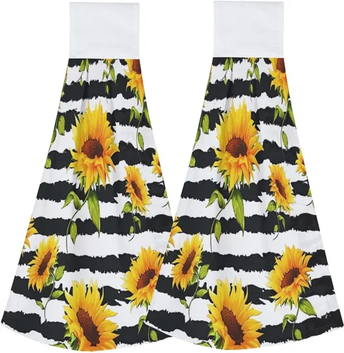 Miniatura 11 de Toallas vintage de girasol y mariposas para cocina, 2 piezas, toalla de cocina colgante floral de primavera acuarela, toallas de mano florales