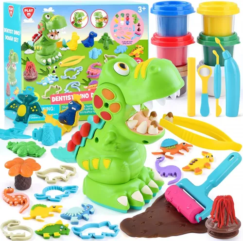 PLAY Juegos de arcilla de dinosaurio para niños de 4 a 8 años, juguetes de masa de color con juego de dentista, juego de 15 herramientas de masa con