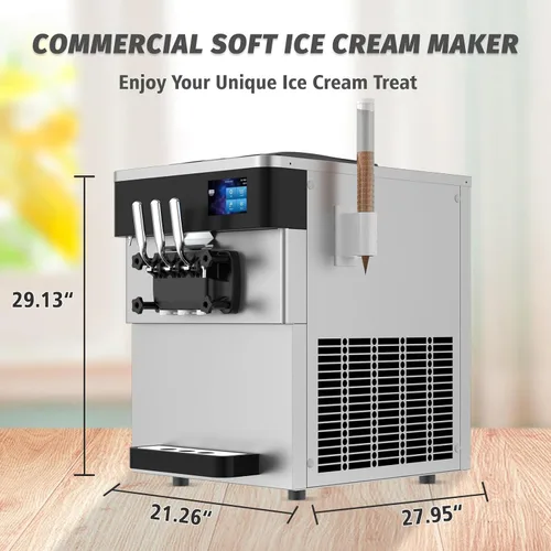 Miniatura 6 de Máquina comercial para hacer helados, 110 V, 2200 W, 3 sabores para encimera, suave, 5,3 a 7,4 galones/H, preenfriamiento, pantalla táctil LCD