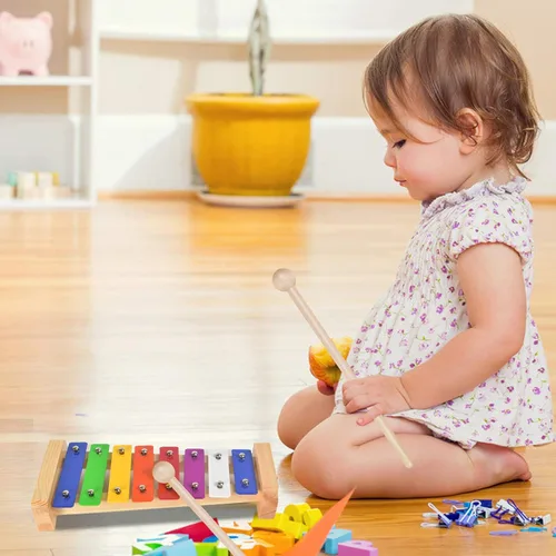 Miniatura 7 de Xilófono para niños, Glockenspiel con 2 mazos seguros para niños, 8 notas diatónicas, barras de metal coloridas con desarrollo educativo musical