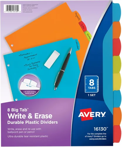 Miniatura 11 de Avery Separadores de plástico duradero con pestañas grandes para escribir y borrar, juego de 5 pestañas para carpetas de 3 anillos, multicolor