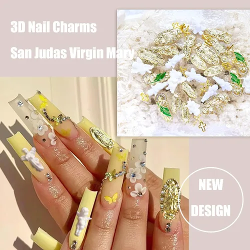 Miniatura 2 de Dijes para uñas 3D de San Judas con cruz de Virgen María, diamantes de imitación de metal de aleación dorada de ángel para arte de uñas acrílicas