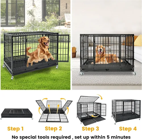 Miniatura 3 de Jaula apilable de 47 pulgadas para perros grandes de alta ansiedad, jaula indestructible a prueba de escapes para interiores con doble puerta