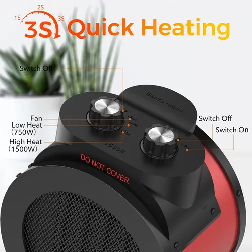 Miniatura 2 de Elevoke Calentadores de espacio para uso en interiores, calentador eléctrico PTC de 1500 W con ángulo ajustable de 90°, calor de seguridad rápido