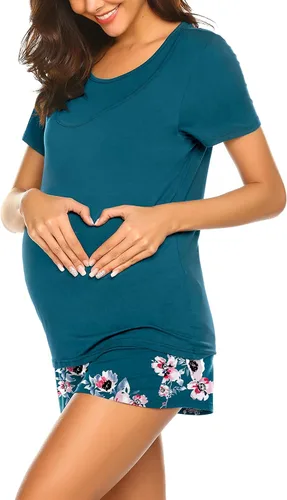 Miniatura 4 de Ekouaer - Conjunto de pijama de maternidad para el hospital o el hogar, con camiseta para lactancia y pantalón corto ajustable para el embarazo
