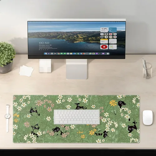 Miniatura 6 de Alfombrilla de ratón linda con gato grande, alfombrilla de escritorio verde extendida, alfombrilla de teclado con base antideslizante y bordes Gato