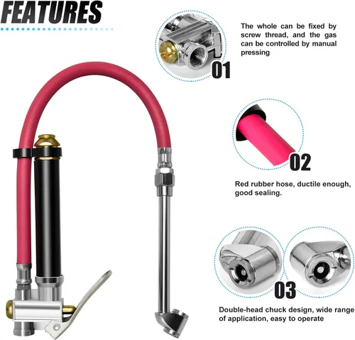 Miniatura 3 de MEANLIN MEASURE Inflador de neumáticos rojo resistente con medidor de presión de 120 PSI, manguera de 15 pulgadas de doble cabezal y herramientas