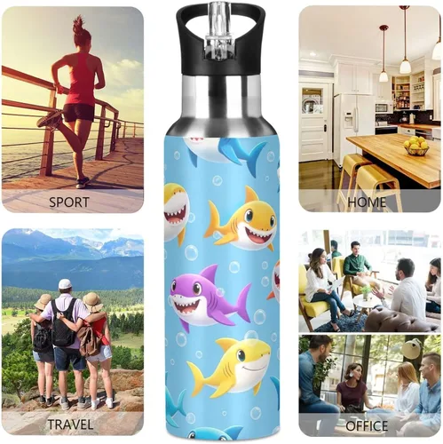 Miniatura 5 de BPA-Free Sport Water Bottle Insulated 32 Oz, Insulated Water Bottle for Gym Outdoor Travel School, Colorful Cartoon Sharks Blue