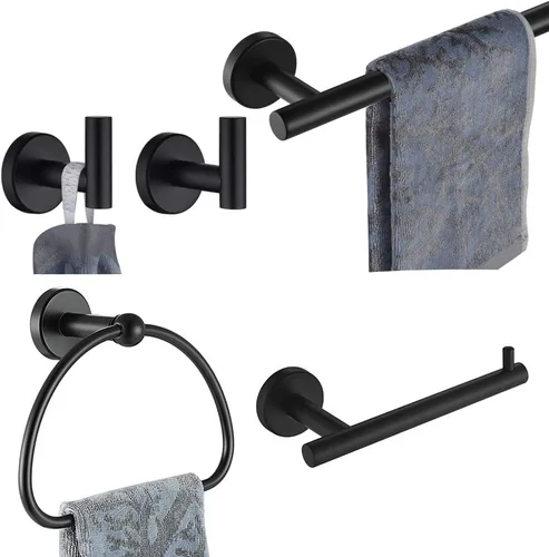 JQK BAS165-PB - Juego de accesorios de baño de 5 piezas, soporte de pared negro mate, incluye barra de toalla de 24 pulgadas, anillo de toalla de 7