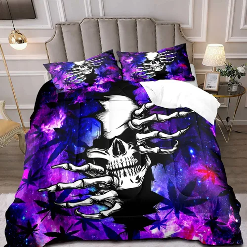 Miniatura 17 de LUVIVIHOME Juego de edredón de 3 piezas de calavera, tamaño King, negro, cuervo, murciélago, telaraña, esqueleto, gótico, calavera, blanco