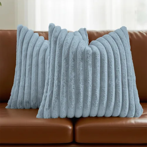 Miniatura 65 de FUTEI - Juego de 2 fundas de almohada decorativas con rayas, cuadradas, para invierno, piel sintética de conejo suave y acogedora y respaldo