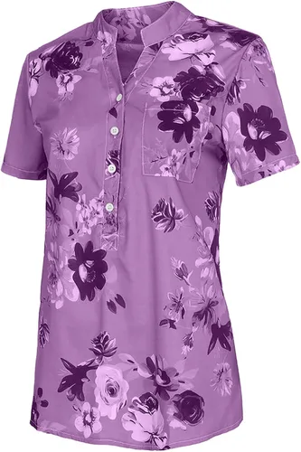 Miniatura 5 de MRGIINRI Womens Tops 2023 Button Down Summer Fashion Floral Blouse Dressy Casual Short Sleeve Loose Fit Shirts with Pockets