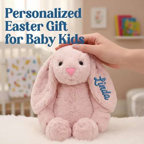 Miniatura 8 de TNYKER Conejito de Pascua personalizado para bebés, con nombre personalizado, conejito de peluche con orejas largas con monograma, muñeca de conejo