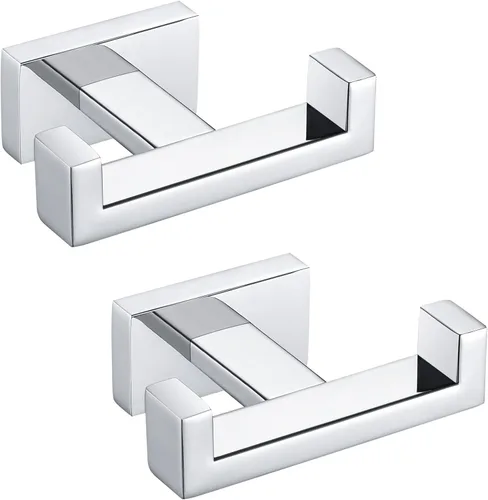 Miniatura 10 de APLusee Paquete de 2 ganchos dobles para toallas de baño, soporte cuadrado de doble capa de acero inoxidable sólido, moderno para baño y cocina, Oro