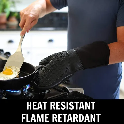 Miniatura 4 de HOMWE Guantes de horno de silicona y soportes para ollas, juego de 4 piezas, guantes de cocina resistentes, tapetes salvamanteles seguros para Negro