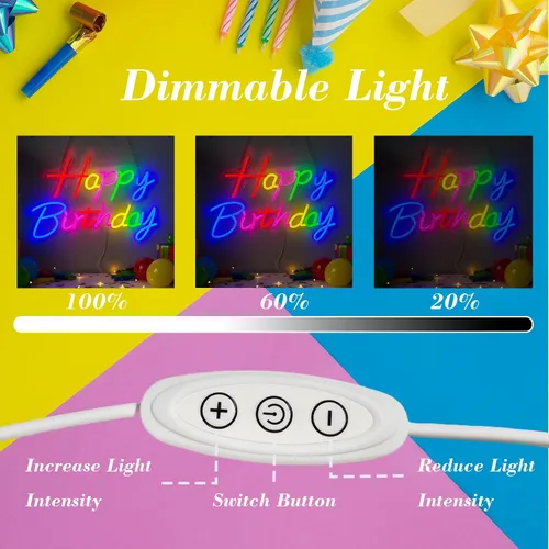 Miniatura 5 de Letrero de neón de feliz cumpleaños para telón de fondo, letrero con luz LED de feliz cumpleaños, luz de neón regulable alimentada por USB