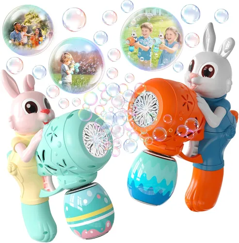 Pistola de burbujas para niños, paquete de 2 pistolas de burbujas para niños pequeños, máquina de burbujas de conejo, juguete eléctrico de burbujas,