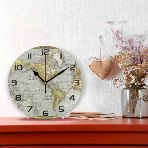 Miniatura 2 de Reloj de pared redondo con mapa del mundo vintage, silencioso, sin tictac, diseño de números arábigos retro, para el hogar, oficina, escuela, arte