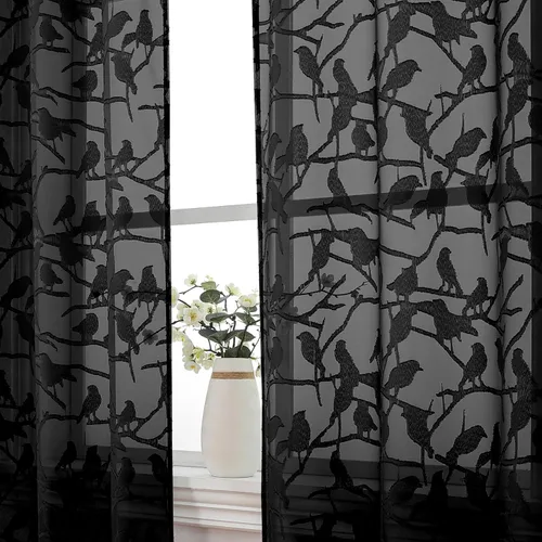 OVZME - Cortinas traslúcidas de gasa ligeras y vaporosas, texturizadas, bolsillo barra doble, pájaros recortados, dormitorio, sala de estar, 38 Negro