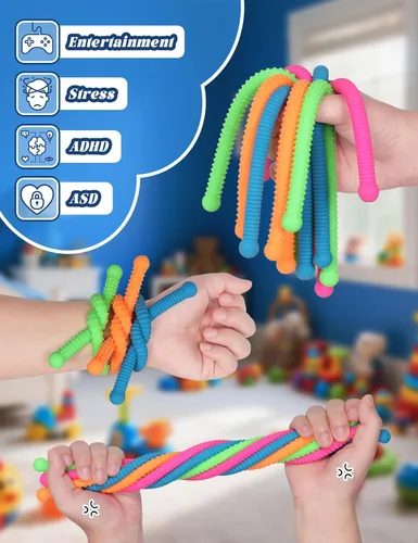 Miniatura 8 de Paquete de 10 juguetes sensoriales para niños – Cuerdas sensoriales elásticas extra gruesas mejoradas para autismo, TDAH, ansiedad – Caja de regalo