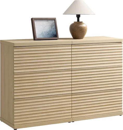 Miniatura 15 de SICOTAS Aparador buffet con almacenamiento, moderna credenza de acento acanalada con 3 cajones más grandes, mesa consola multimedia de mediados