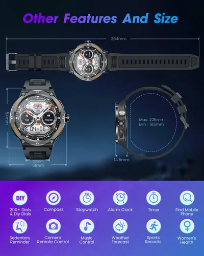 Miniatura 7 de Reloj inteligente para hombres Android Fitness Tracker: 1.53 "Militar Reloj inteligente con linterna brújula hacer respuesta Bluetooth Llamada Negro