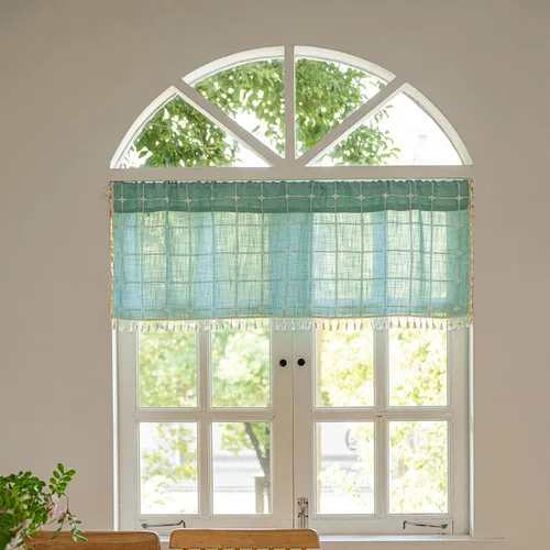 Deeprove Cenefa de Cortina Boho Aqua de 18 Pulgadas de Largo, Celosía Bohemia Verde Azulado Cuadros Vichy con Textura Bordada, Borlas Vintage