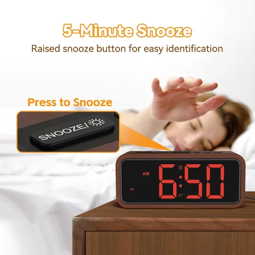 Miniatura 5 de Alarm Clock Loud for Deep Sleepers, Wooden Alarm Clock with LED Display, 12 Alarm Ringtones, 5 Brightness Adjustable, 5 Volumes, Manual DST, Brown