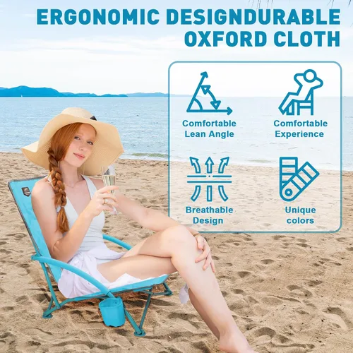 Miniatura 3 de Paquete de 2 sillas bajas de playa, sillas reclinables plegables para adultos, sillas de camping ligeras de asiento bajo con soporte para tazas, Azul