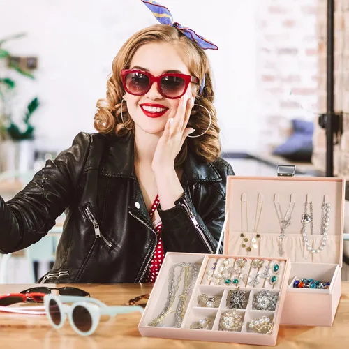 Miniatura 8 de Allinside Joyero organizador para mujeres, adolescentes y niñas, 2 capas de piel sintética con cerradura, forro de terciopelo, opción de regalo