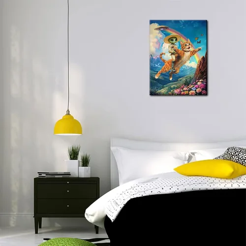 Miniatura 7 de Lienzo de paisaje victoriano OVNI para pared, diseño divertido de alienígena montando un gato, cuadros eclécticos de gato, póster impreso