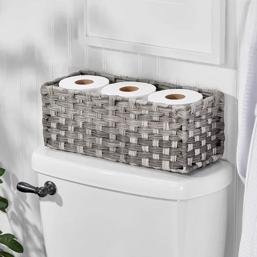 mDesign Cesta de papel higiénico tejida rústica de granja, organizador de almacenamiento pequeño para encimera de baño o parte superior del inodoro,