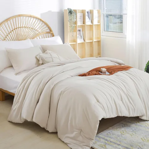 Miniatura 18 de Juego de edredón Beige de weigelia, estilo bohemio, tamaño individual, con edredón en crema y 1 funda de almohada - Juego de cama suave y ligero