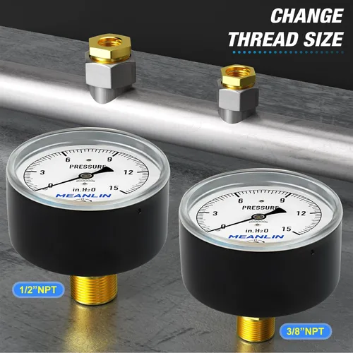 Miniatura 3 de MEANLIN MEASURE Manómetro de baja presión tipo cápsula de diafragma H2O de 0-15 pulgadas NPT de 2-1/3 pulgadas, esfera de cara ajustable, con 1/2