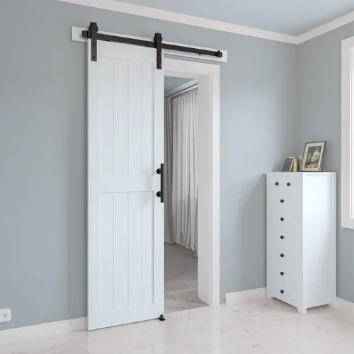 Miniatura 4 de Puerta corrediza de granero MDF de 24 x 84 pulgadas con kit de herrajes para puerta de granero de 4 pies y asa, agujeros preperforados, fácil Blanco