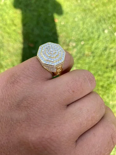 Miniatura 4 de Men's Real Solid 925 Sterling Silver Octagonal Hip Hop Ring - 14k Gold Plated - Super Iced Large Flooded Out Pinky Ring - Sz 7-13