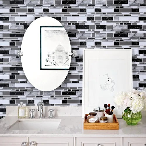 Miniatura 2 de Loseta en muro adhesiva de color blanco y negro para cocina, papel tapiz removible de 11.8 x 196.8 pulgadas, papel adhesivo con azulejos para baño