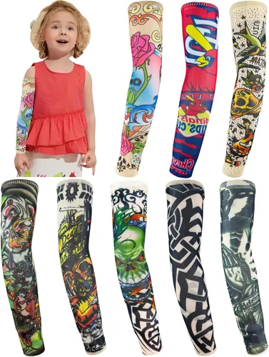 Mangas de brazo de tatuaje falso a granel, 8 piezas de protección solar temporal para niños pequeños y grandes Juego de 3 mangas de 8 piezas