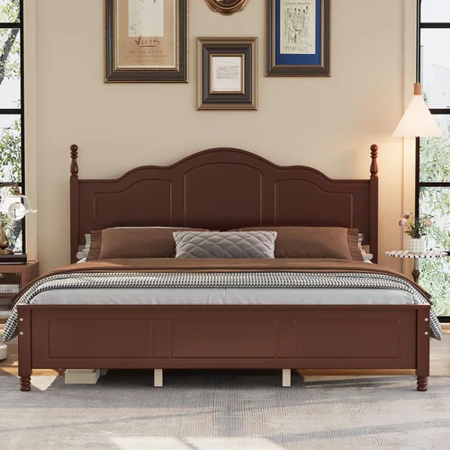 Miniatura 8 de Merax Cama clásica retro de madera maciza con cabecero, marco de cama matrimonial, no necesita somier, fácil de montar, color blanco