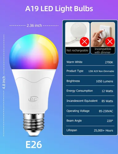 Miniatura 9 de ILC Bombilla LED equivalente a 85 W, bombillas que cambian de color, 2700 K, blanco cálido, control remoto RGB 6 modos, temporizador, 2