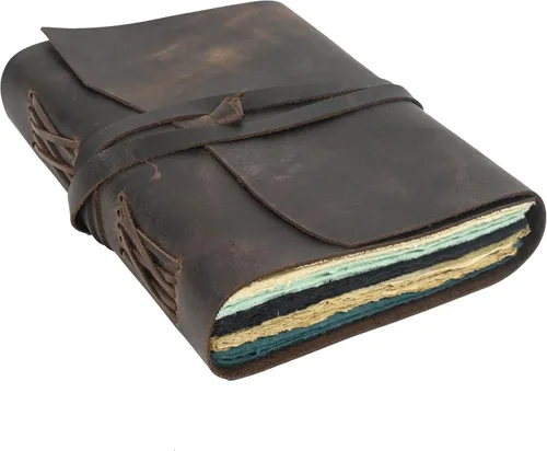 Diario de cuero vintage para mujeres y hombres, diario de basura encuadernado en cuero, 240 páginas de papel de borde de color con borde de