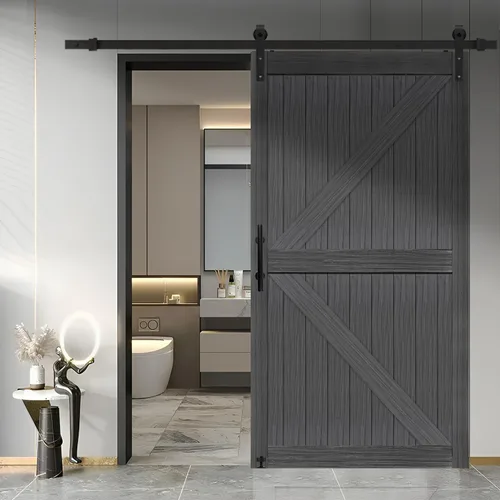 Miniatura 10 de S&Z TOPHAND® Puerta de granero doble de MDF de 18 x 84 pulgadas con kit de herrajes para puerta corredera de 6 pies, tablero sólido de puerta