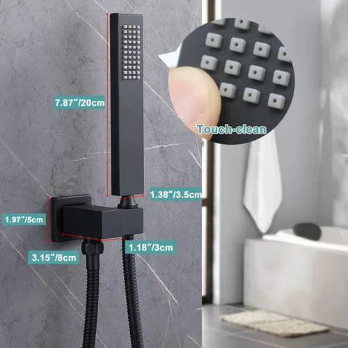 Miniatura 4 de ENGA Cabezal de Ducha de Mano Cuadrado Negro Mate de Latón Sólido Eco-Rendimiento con Conector de Pared y Manguera Juego de Cabezales de Ducha