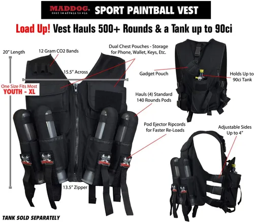 Miniatura 2 de Maddog Chaleco táctico ligero de paintball - Capacidad para 4 cápsulas y tanque 90ci Chaleco + control remoto estándar y cápsulas