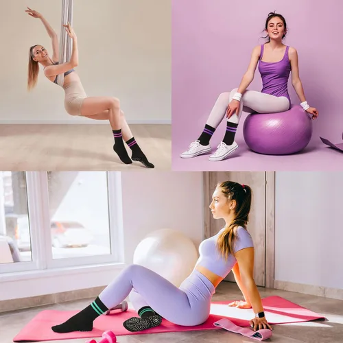 Miniatura 5 de Toes Home Calcetines de pilates para mujer con agarres antideslizantes, calcetines de yoga para barre hospital, calcetines pegajosos, 4 pares