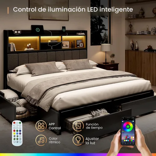 Miniatura 4 de BRELTAM Base de cama Queen con 6 cajones de almacenamiento, cabecera tapizada de lino, estación de carga USB integrada e iluminación LED, soporte